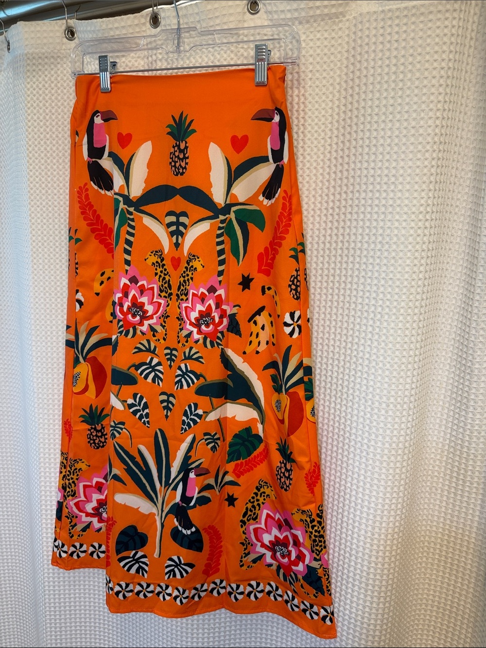 Tropical-Print Orange Maxi Skirt with Pink & Green Accents